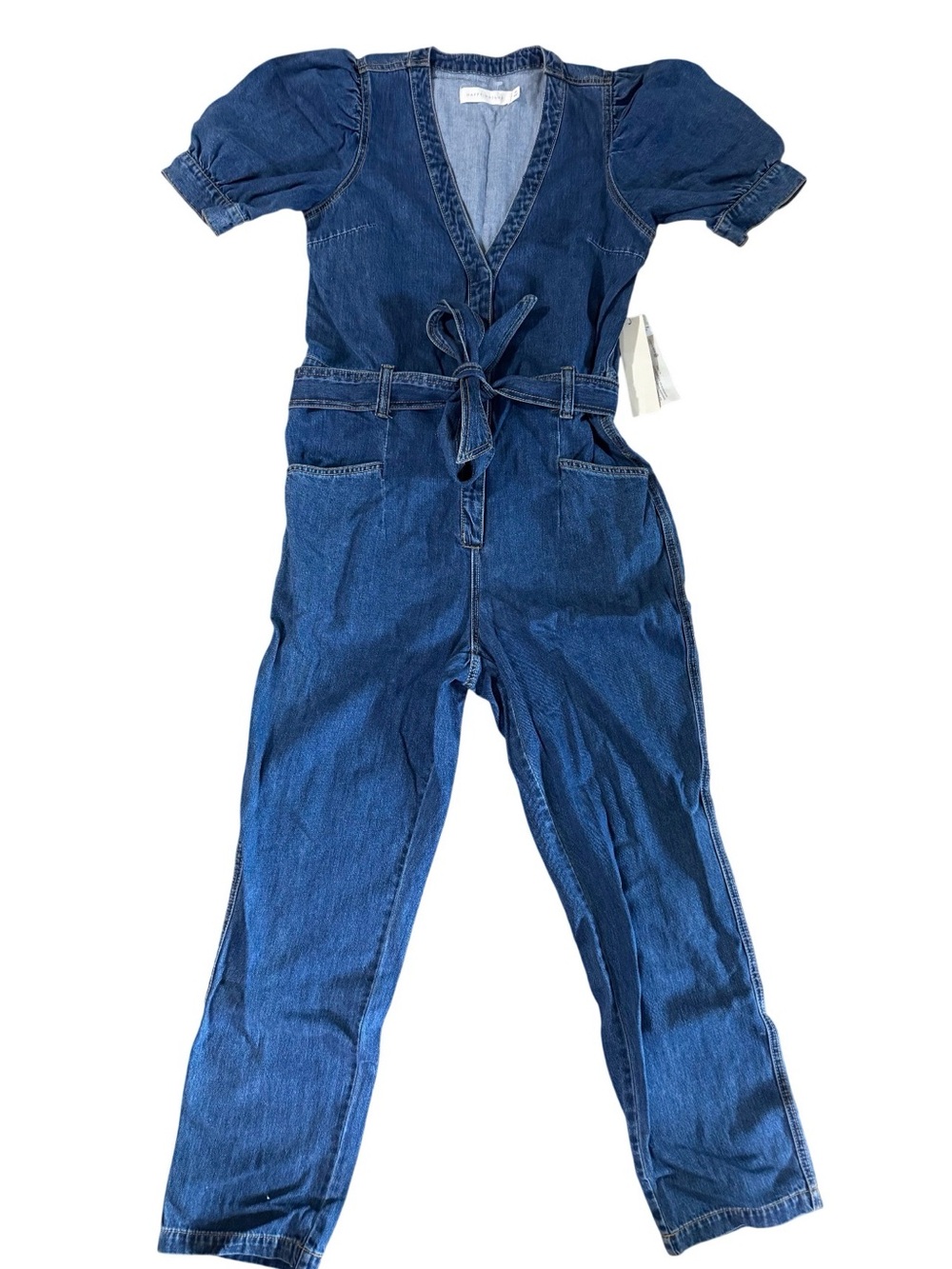 Tie-Waist Puff-Sleeve Denim Jumpsuit - Blue
